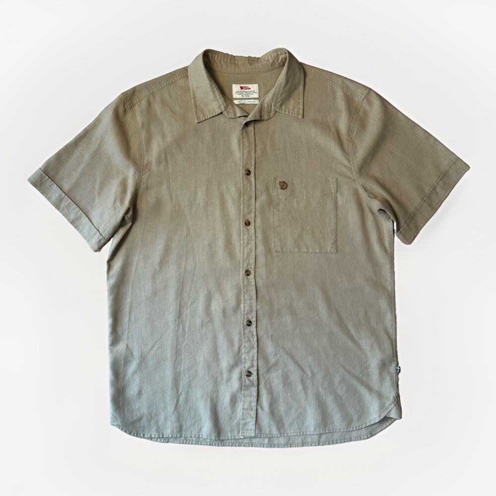 Fjallraven Ovik Travel Shirt Large Khaki Short Sleeve Comfort Fit Hemp Outdoors